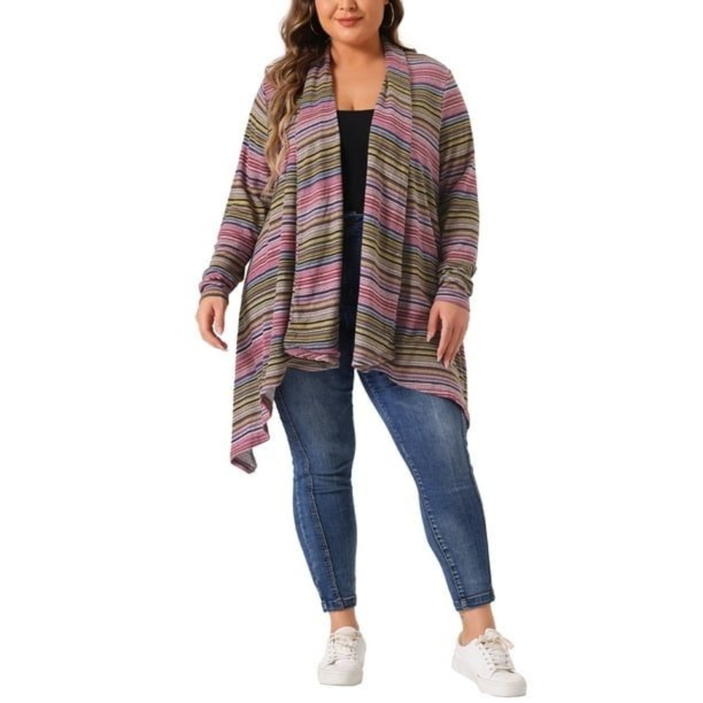 Agnes Orinda 1X Open Front Striped Knit Cardigan Draped‎ Lightweight Comfy NWT
